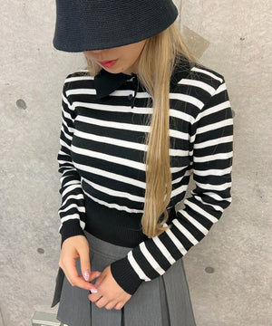 ボーダーニット長袖ポロシャツ