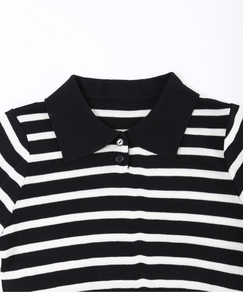 ボーダーニット長袖ポロシャツ