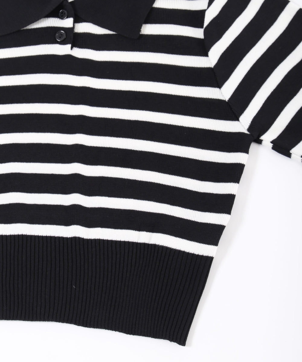 ボーダーニット長袖ポロシャツ