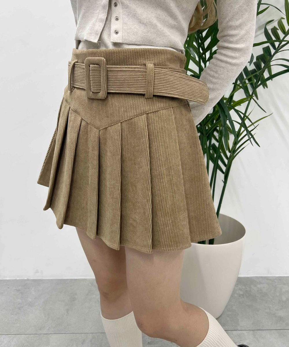 ベルト付きコーデュロイプリーツスカート