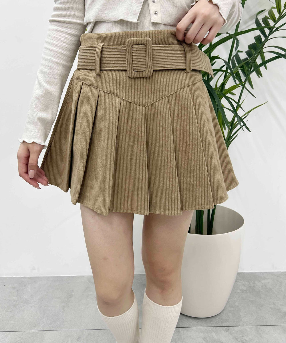 ベルト付きコーデュロイプリーツスカート