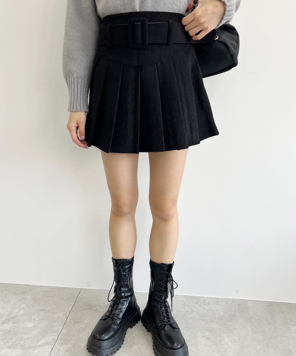 ベルト付きコーデュロイプリーツスカート