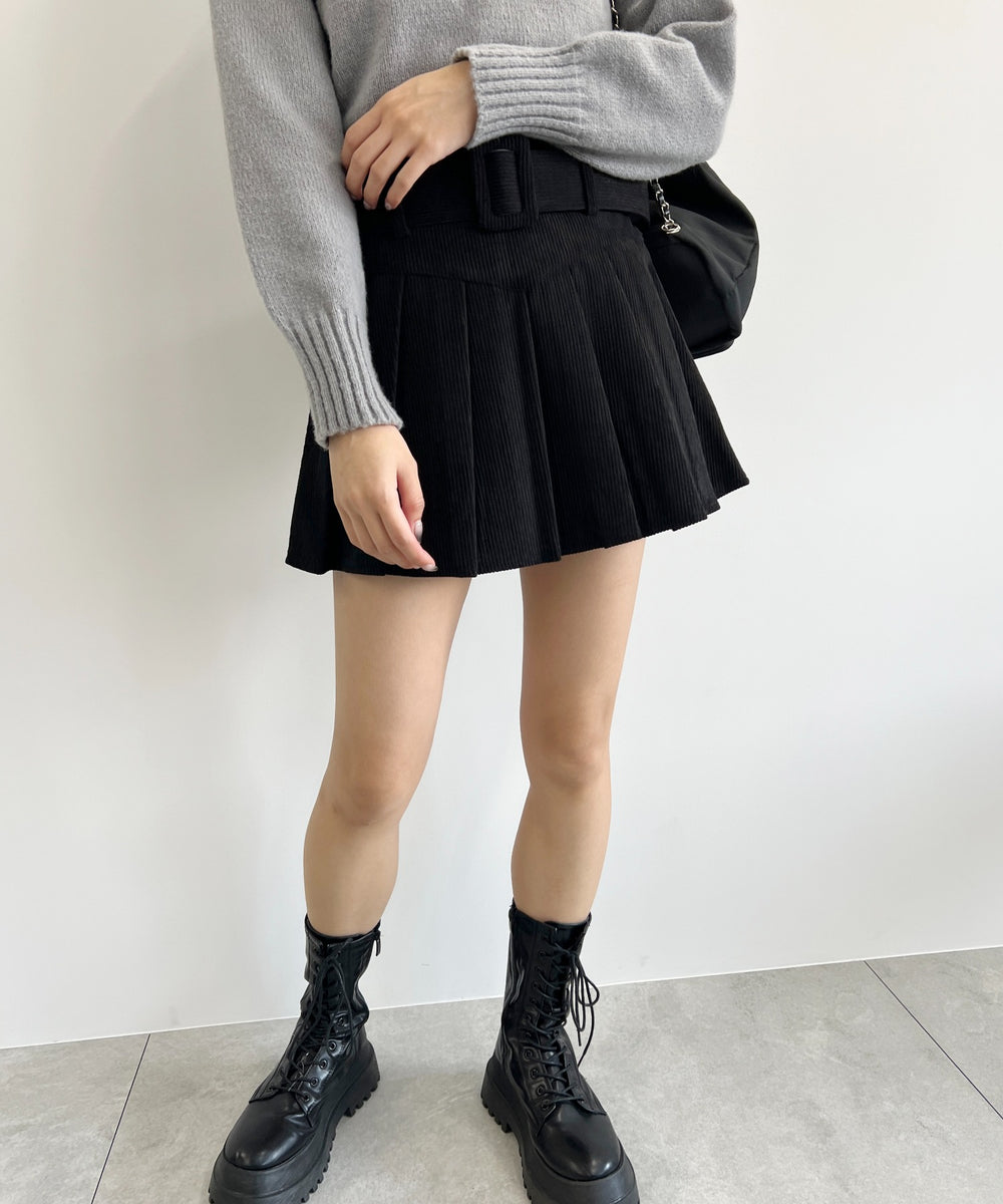 ベルト付きコーデュロイプリーツスカート