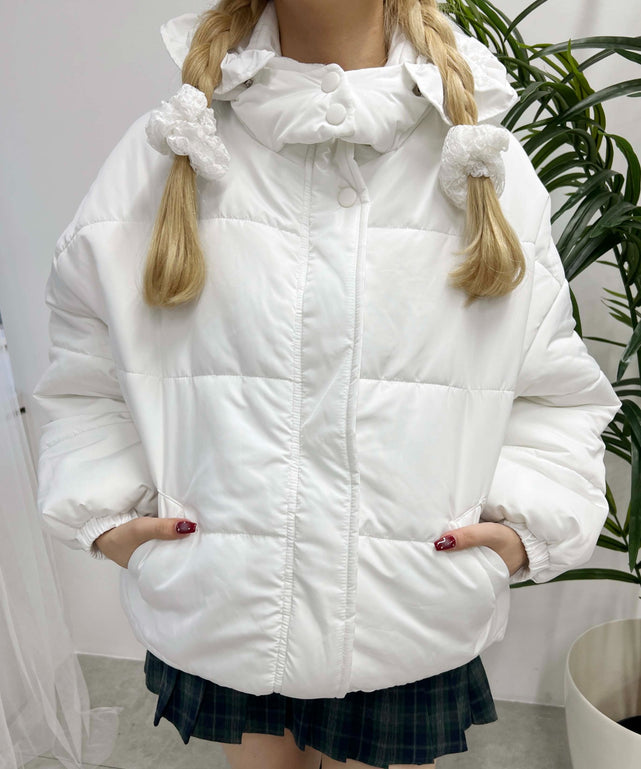フリルフードフェイクダウンジャケット