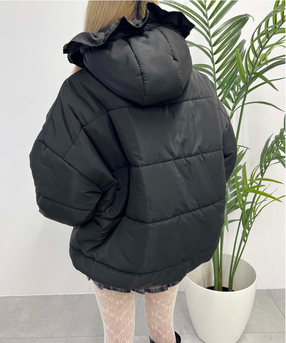 フリルフードフェイクダウンジャケット