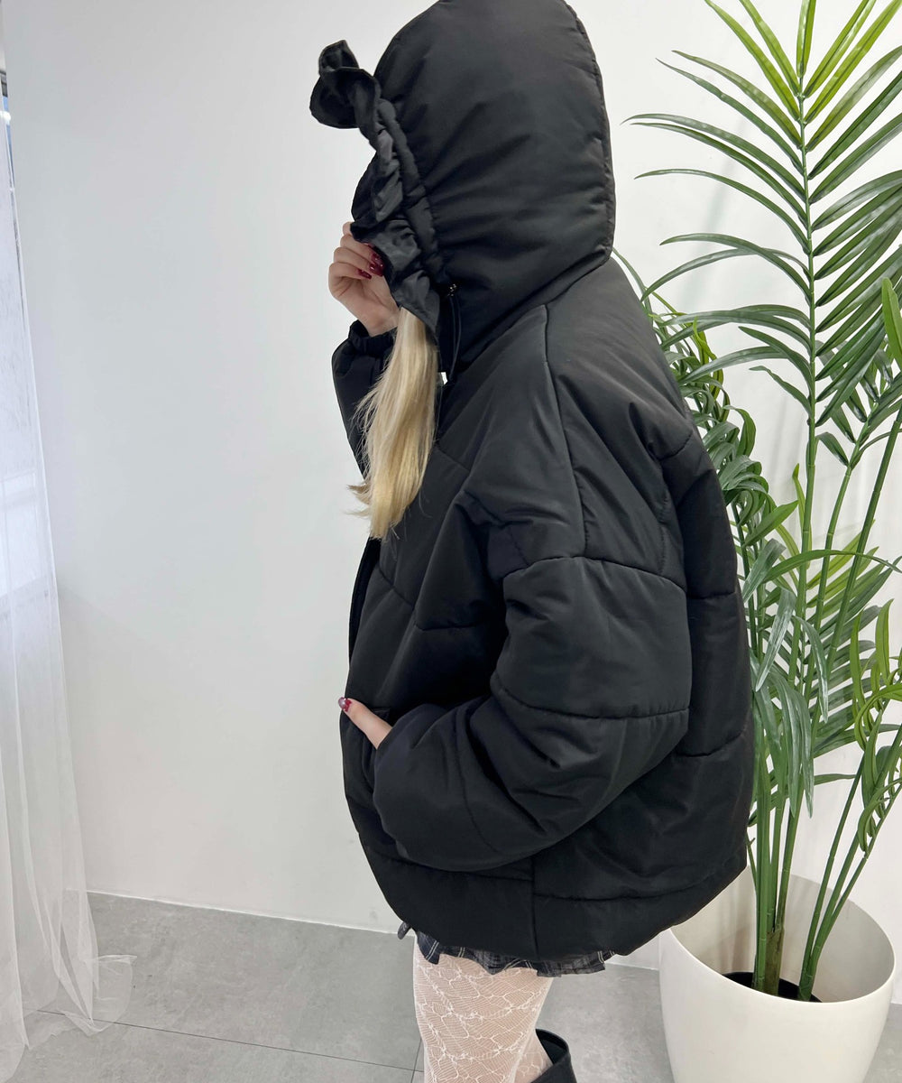 フリルフードフェイクダウンジャケット