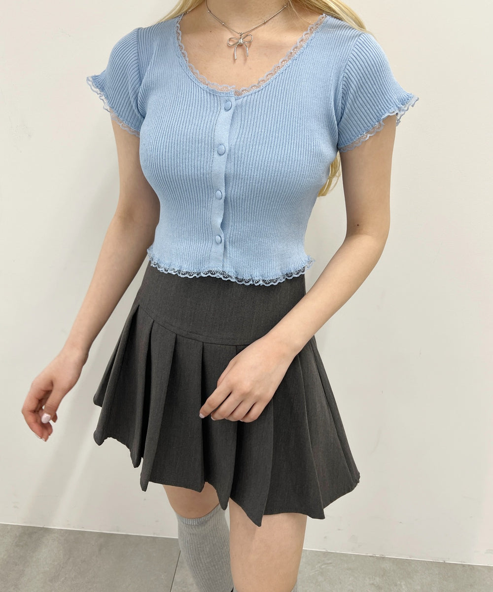 プチレースリブニット半袖カーディガン