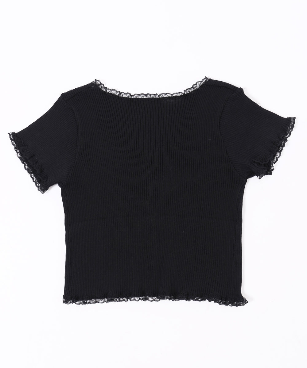 プチレースリブニット半袖カーディガン