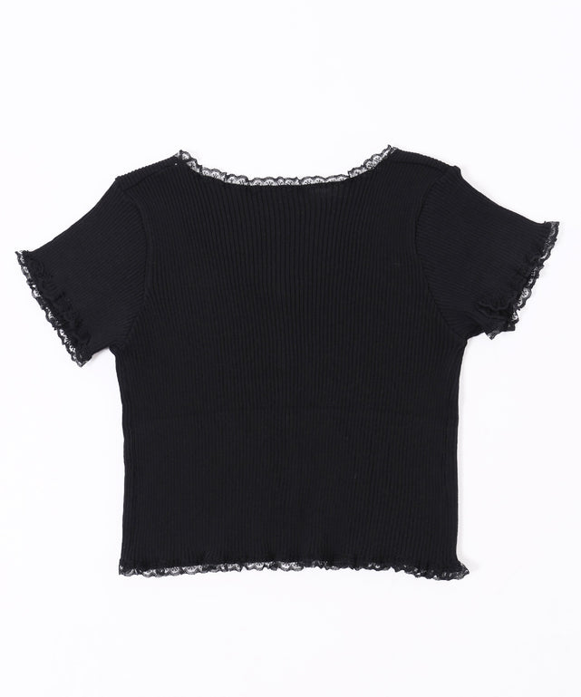 プチレースリブニット半袖カーディガン