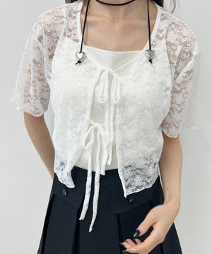 リボン半袖レースカーディガン