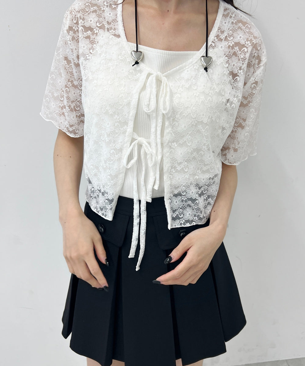 リボン半袖レースカーディガン