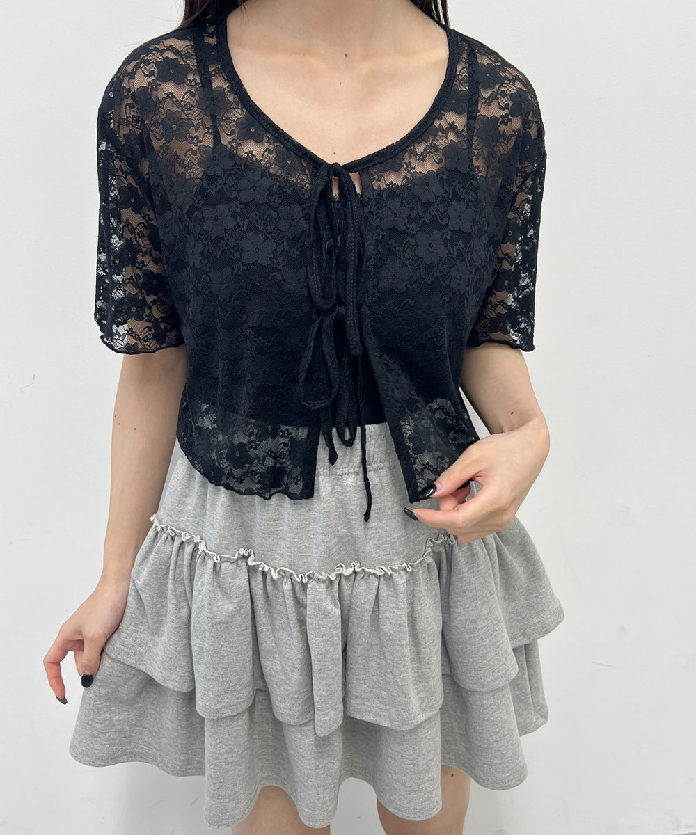 リボン半袖レースカーディガン