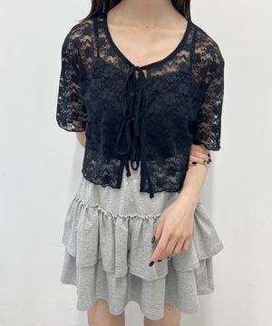 リボン半袖レースカーディガン