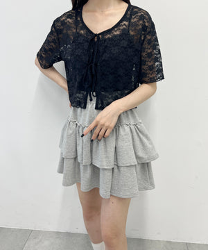 リボン半袖レースカーディガン