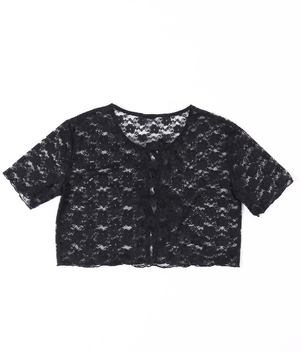 リボン半袖レースカーディガン