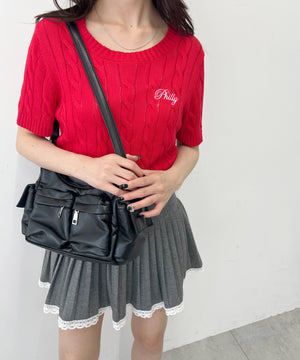 ロゴ刺繍半袖ケーブルニット