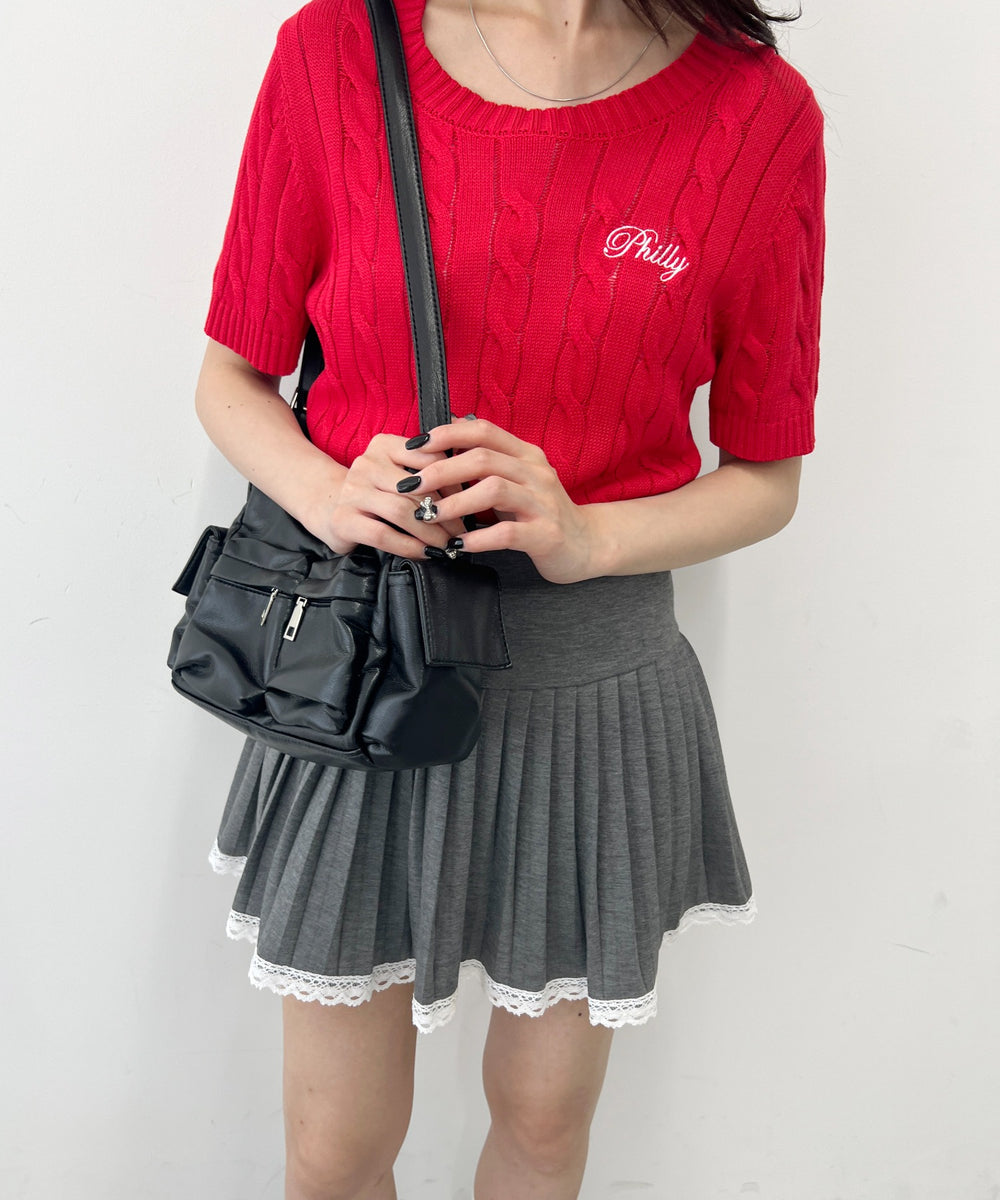 ロゴ刺繍半袖ケーブルニット