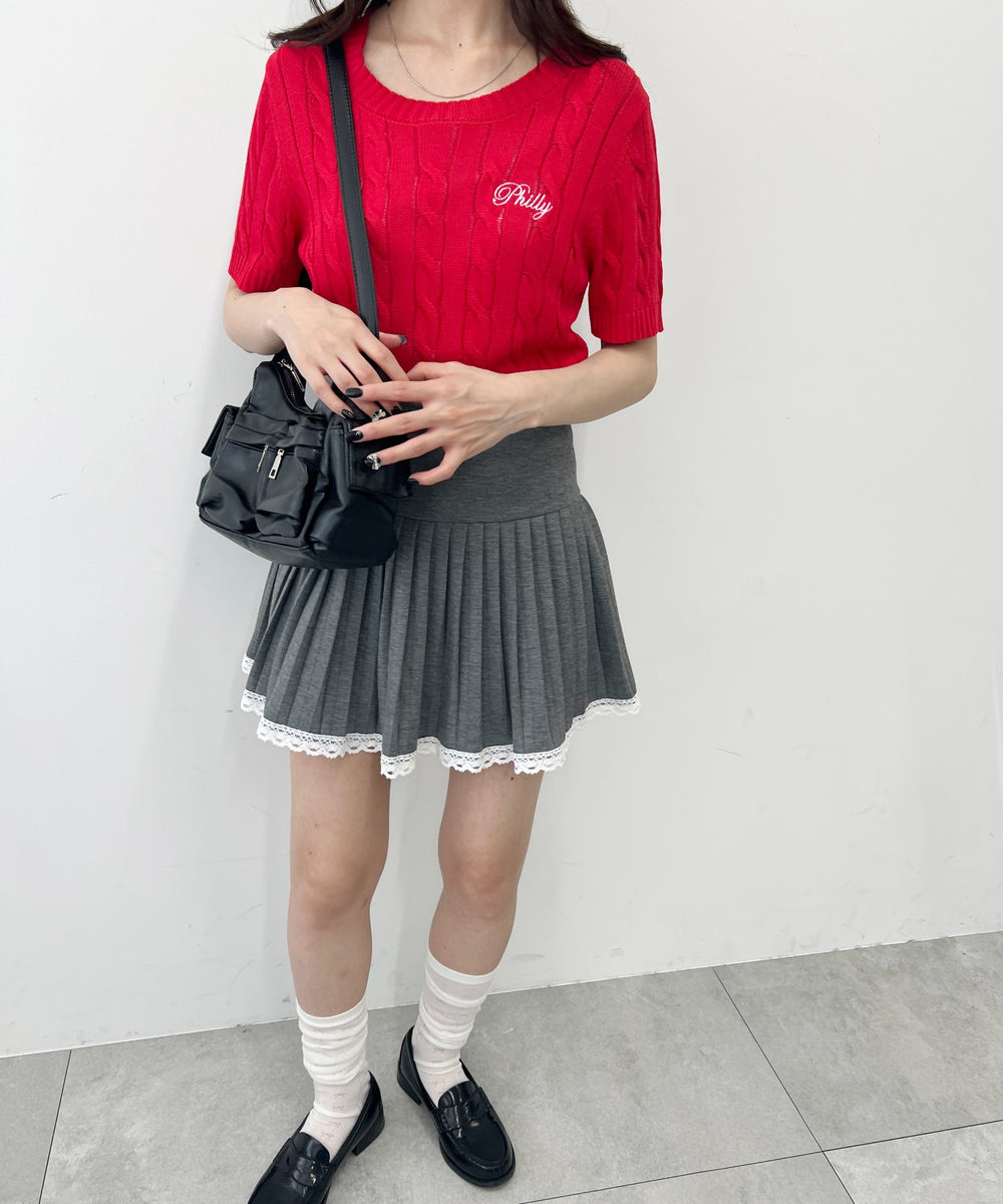 ロゴ刺繍半袖ケーブルニット