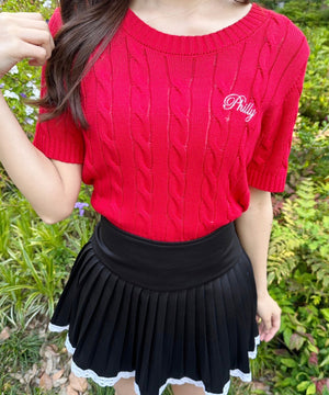 ロゴ刺繍半袖ケーブルニット