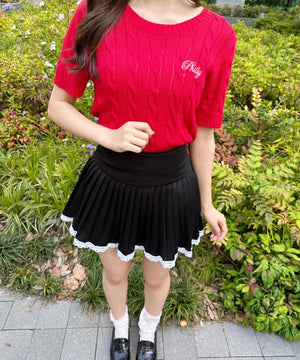 ロゴ刺繍半袖ケーブルニット