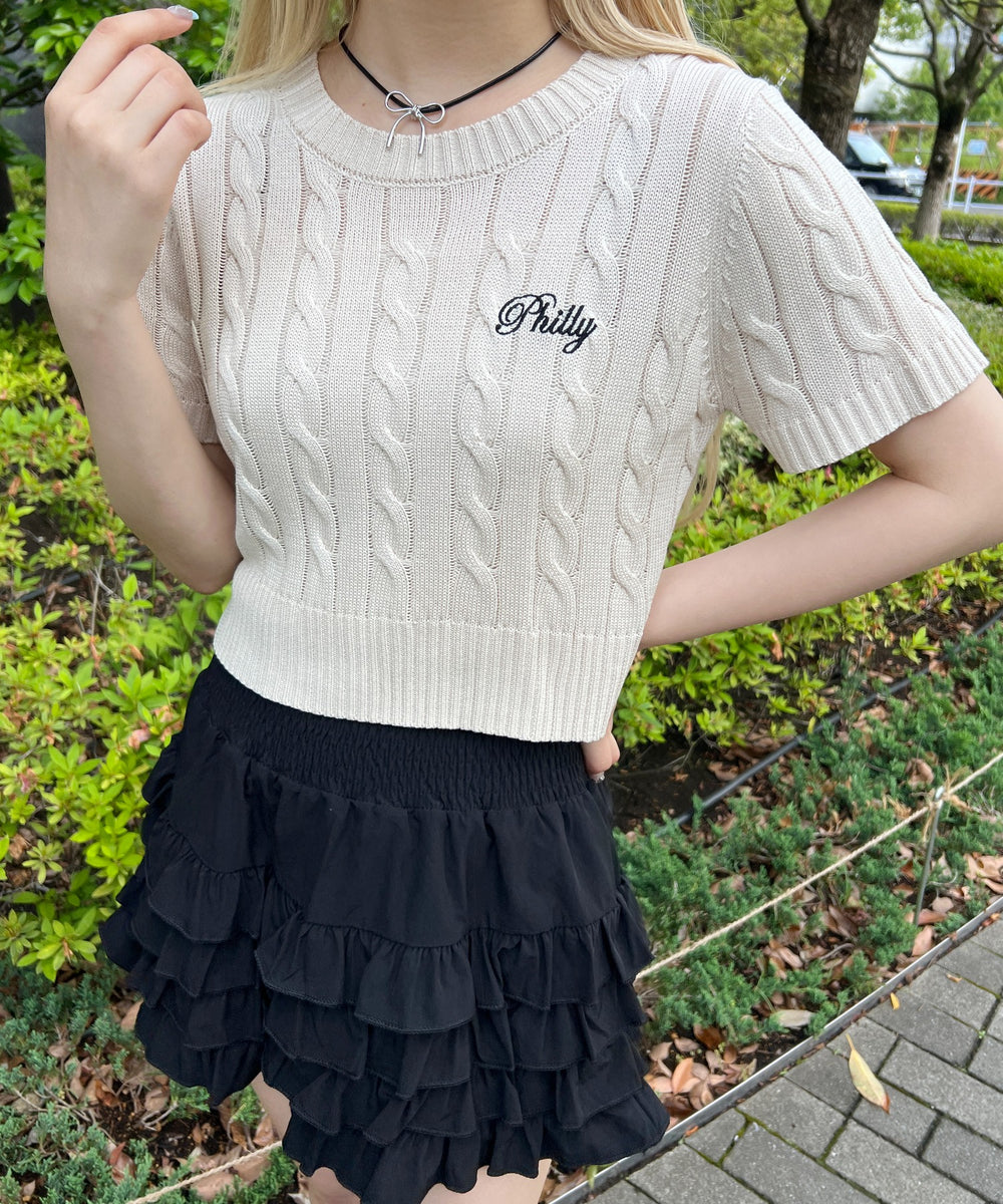 ロゴ刺繍半袖ケーブルニット