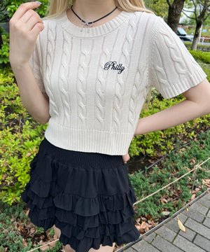ロゴ刺繍半袖ケーブルニット