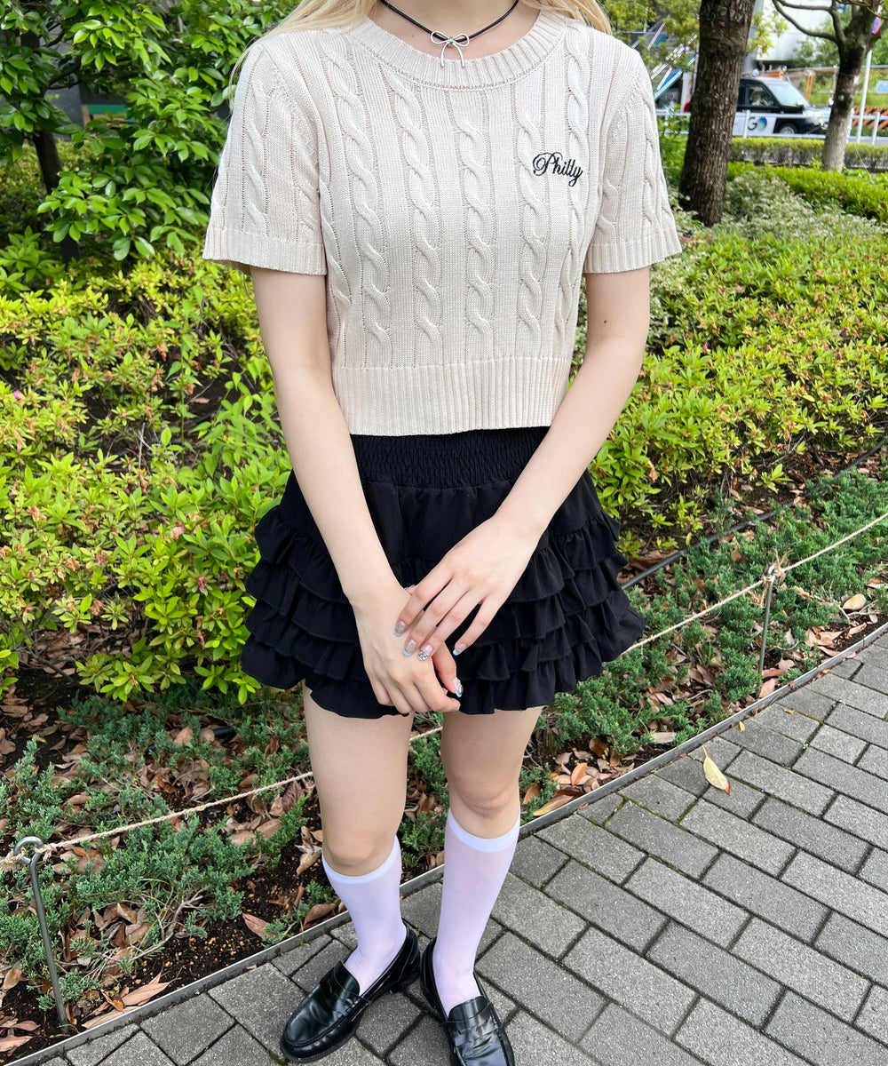 ロゴ刺繍半袖ケーブルニット