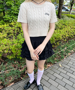 ロゴ刺繍半袖ケーブルニット