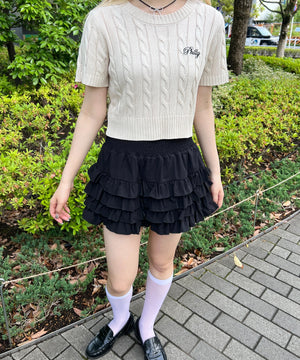 ロゴ刺繍半袖ケーブルニット