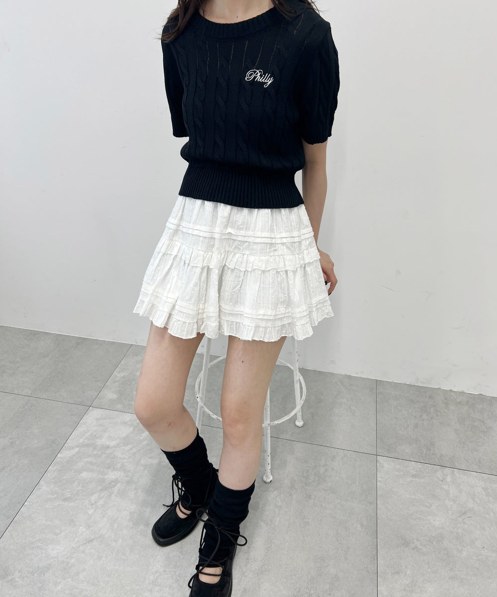 ロゴ刺繍半袖ケーブルニット