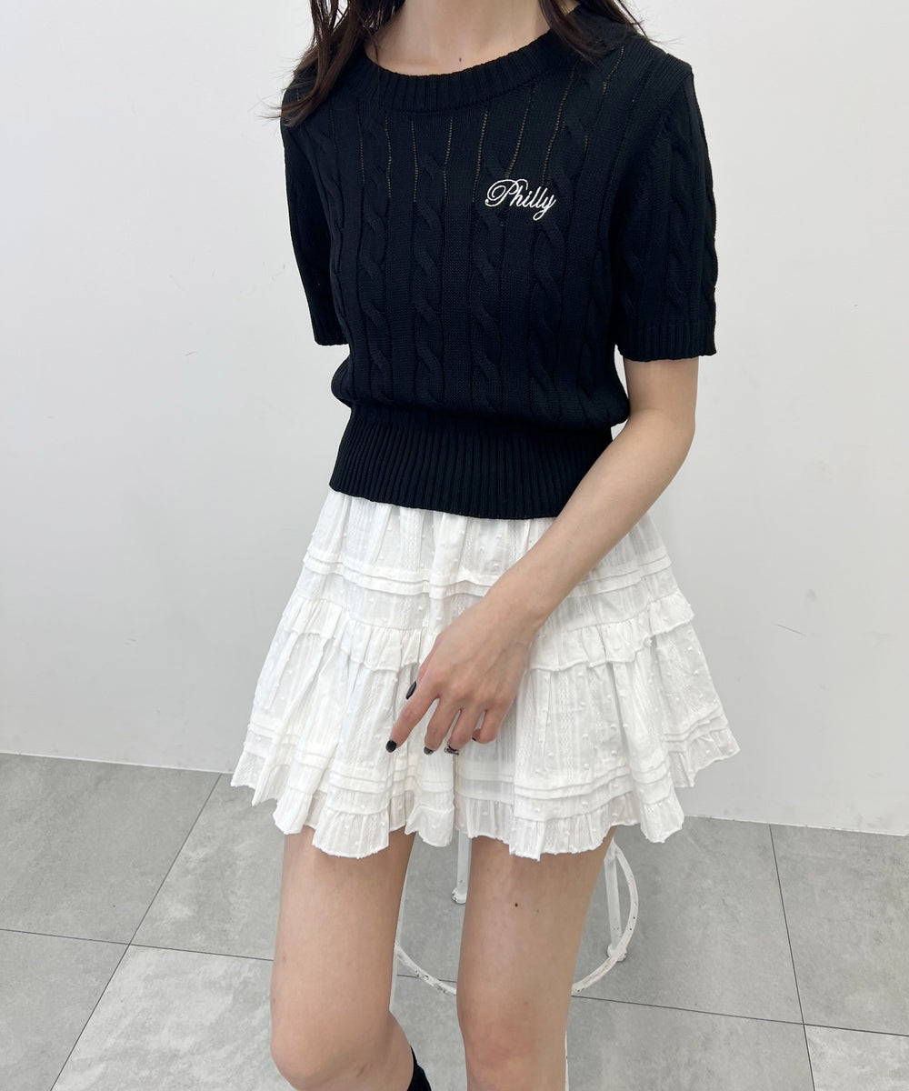 ロゴ刺繍半袖ケーブルニット