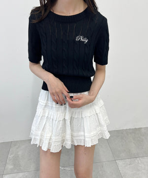 ロゴ刺繍半袖ケーブルニット