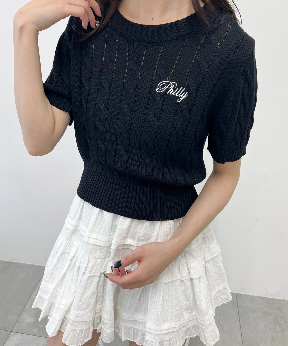 ロゴ刺繍半袖ケーブルニット