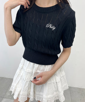 ロゴ刺繍半袖ケーブルニット
