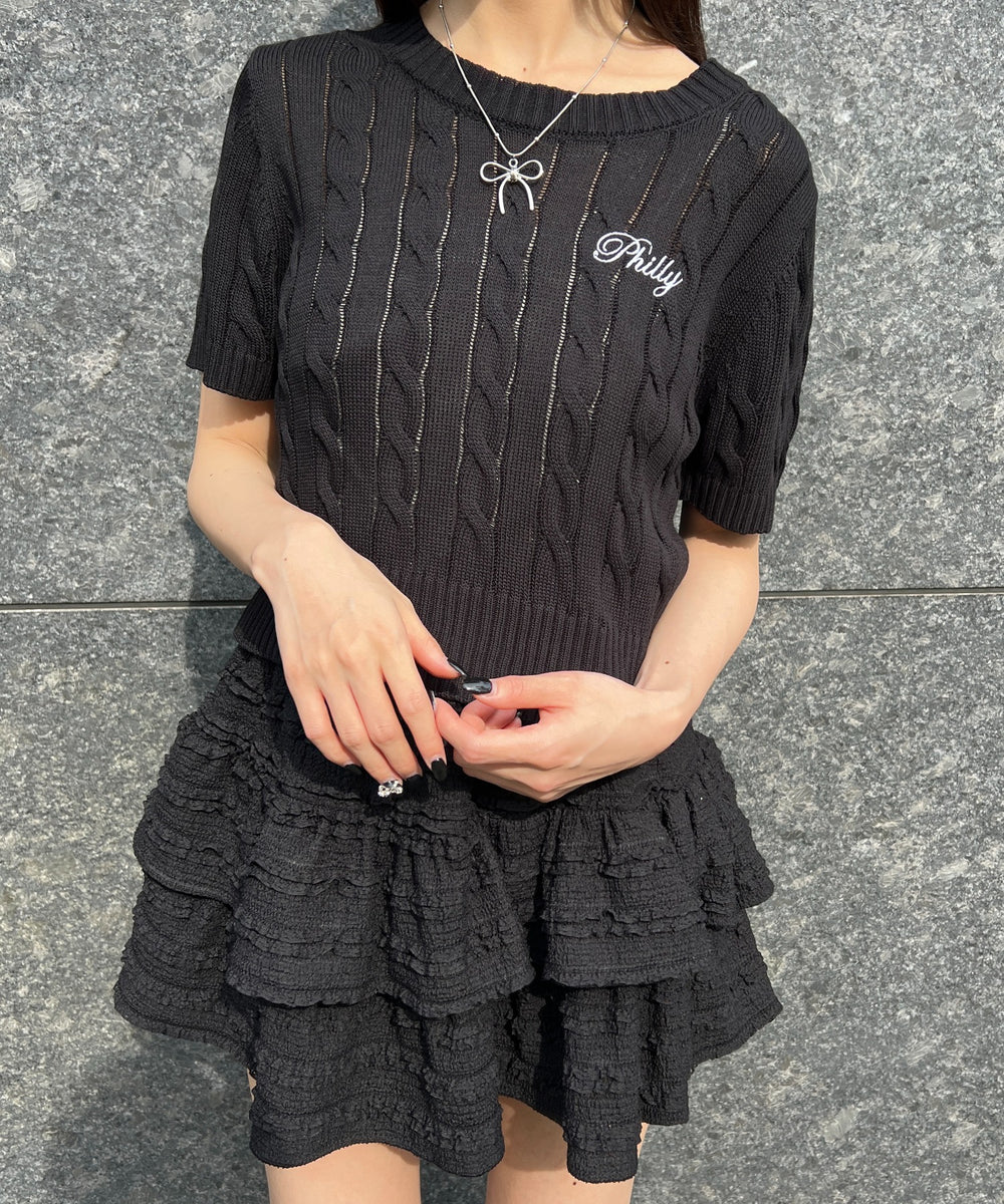 ロゴ刺繍半袖ケーブルニット