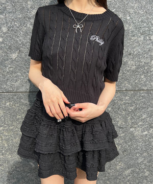 ロゴ刺繍半袖ケーブルニット