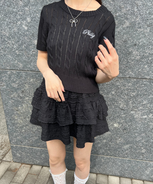 ロゴ刺繍半袖ケーブルニット