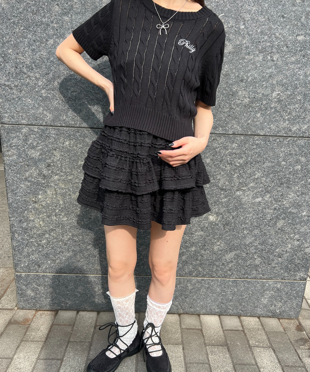 ロゴ刺繍半袖ケーブルニット