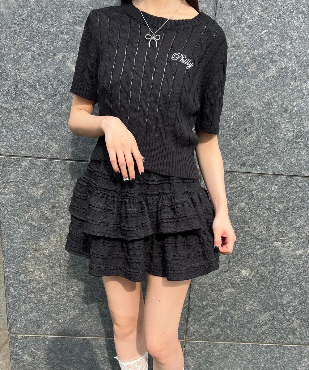 ロゴ刺繍半袖ケーブルニット