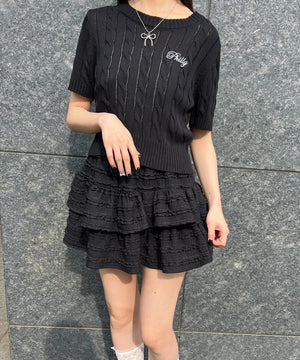 ロゴ刺繍半袖ケーブルニット