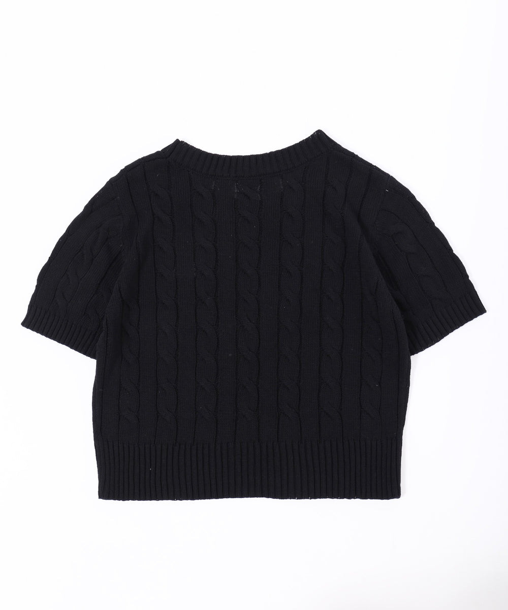 ロゴ刺繍半袖ケーブルニット