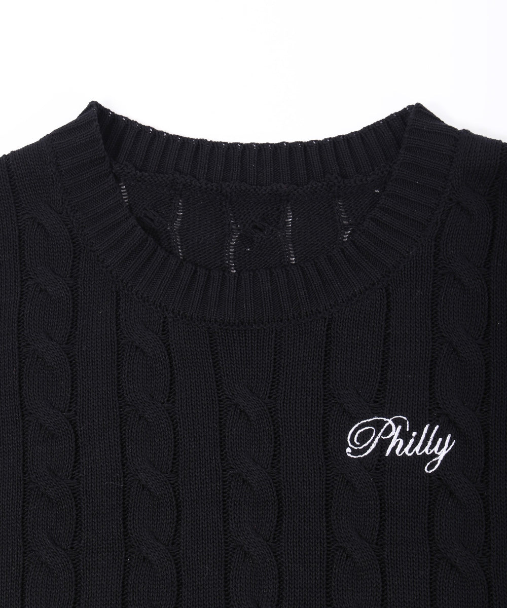 ロゴ刺繍半袖ケーブルニット