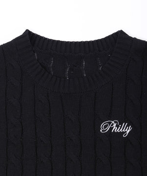 ロゴ刺繍半袖ケーブルニット