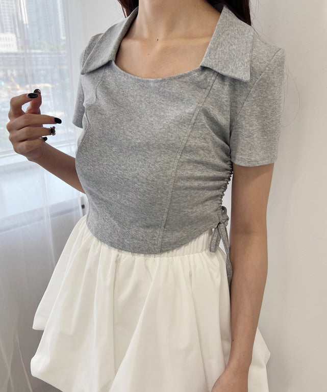 オープンカラーサイドリボンTシャツ