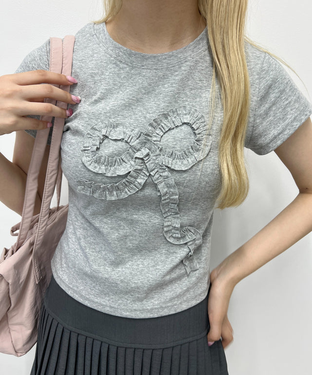 ギャザーリボンモチーフTシャツ/グレー モデル：160㎝ F着用