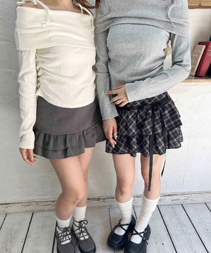 リボンデザインチェックミニスカート