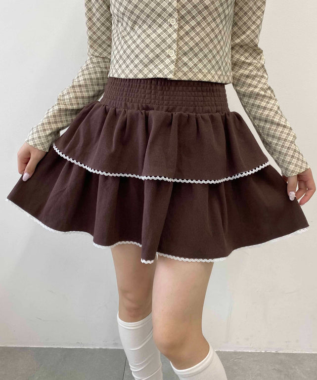 リブ2段ティアードスカート/ブラウン モデル：160㎝ F着用