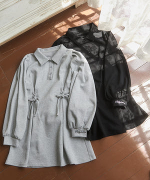 レースアップ長袖ポロワンピース