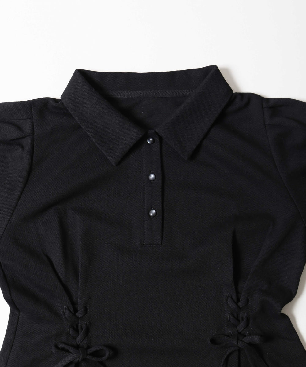 レースアップ長袖ポロワンピース