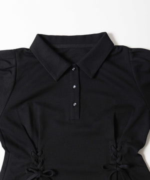 レースアップ長袖ポロワンピース